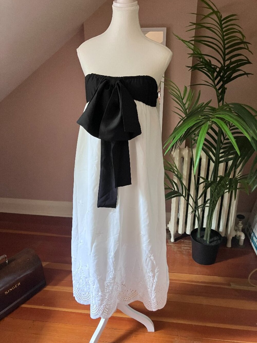 Black and white bow front empire waist long eyelet regency dress strapless maxi